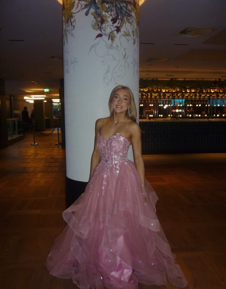 Stunning Strapless Pink Tulle Sequin Long Evening Dress Birthday Prom Dress D5444