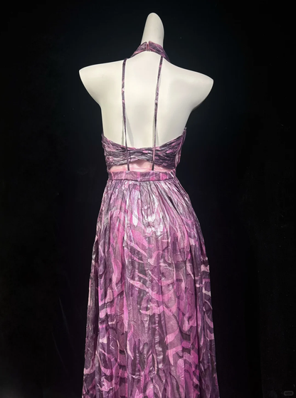Unique Halter Purple Tulle Print Floral A Line Evening Dress Long Wedding Guest Dress D3123