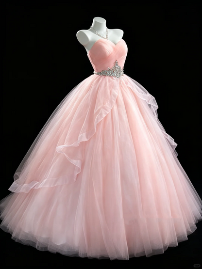 Pretty Strapless Sweet 16 Dress Pink Tulle Beaded Birthday Quinceanera Dress D5283