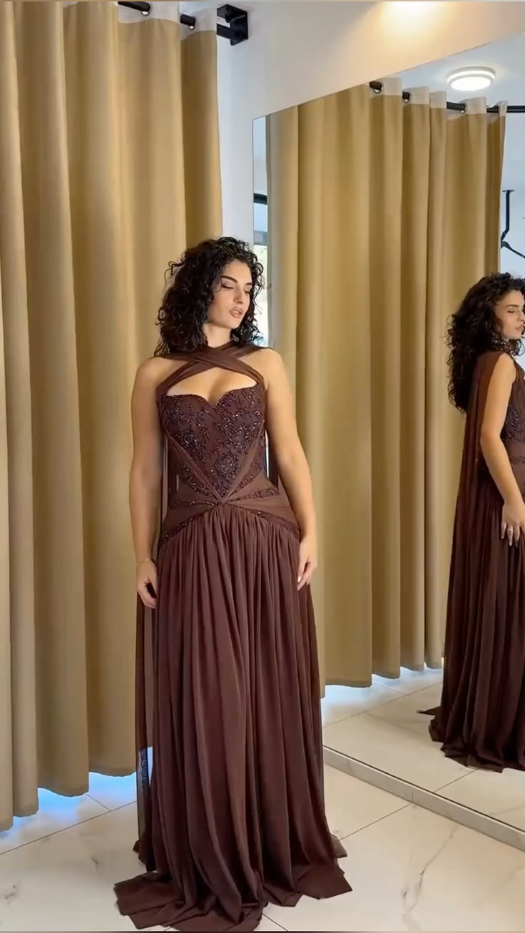 Charming Brown Chiffon Beaded A Line Long Wedding Guest Dress Formal Evening Dress D2979