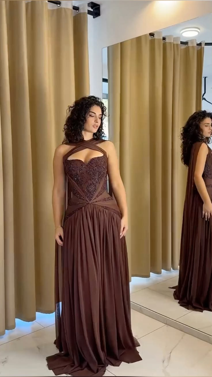 Charming Brown Chiffon Beaded A Line Long Wedding Guest Dress Formal Evening Dress D2979