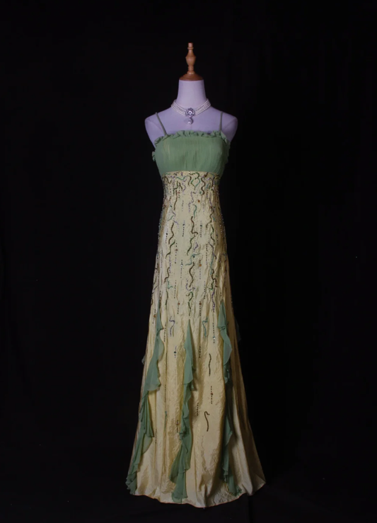 Chic Spaghetti Straps Yellow-green Satin Beaded Mermaid Long Party Dress Birthday Evening Gown With Ruffles D2267