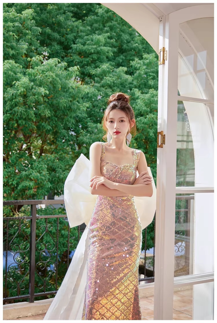 Glitter Spaghetti Straps Sequin Mermaid Long Party Dress Evening Gown With Bow D2448
