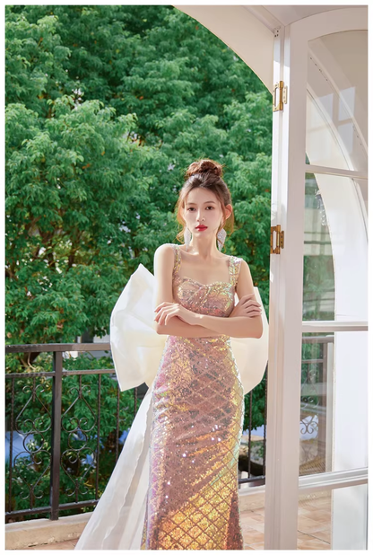 Glitter Spaghetti Straps Sequin Mermaid Long Party Dress Evening Gown With Bow D2448