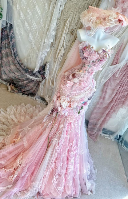 Pretty Pink Strapless Tulle Lace Appliques Mermaid Long Evening Dress Birthday Party Dresses D1987