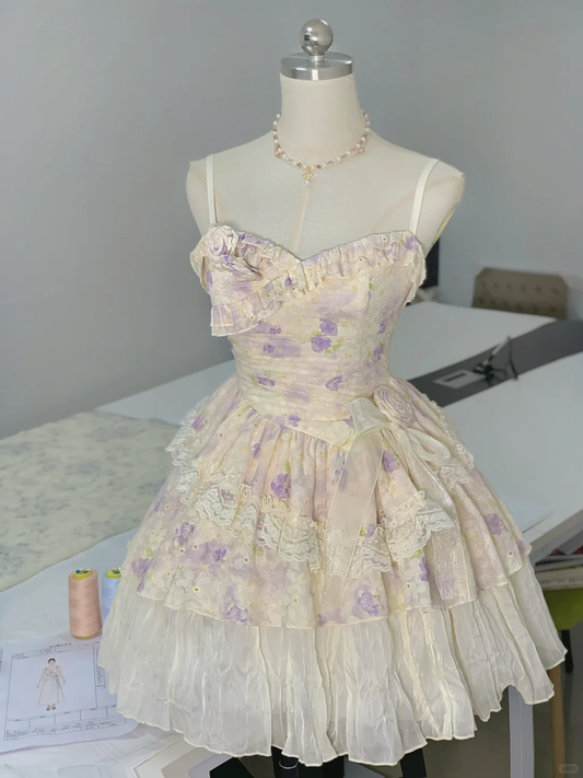 Beautiful Spaghetti Straps Lilac Print Floral A Line Graduation Homecoming Dress Short Prom Dress S967