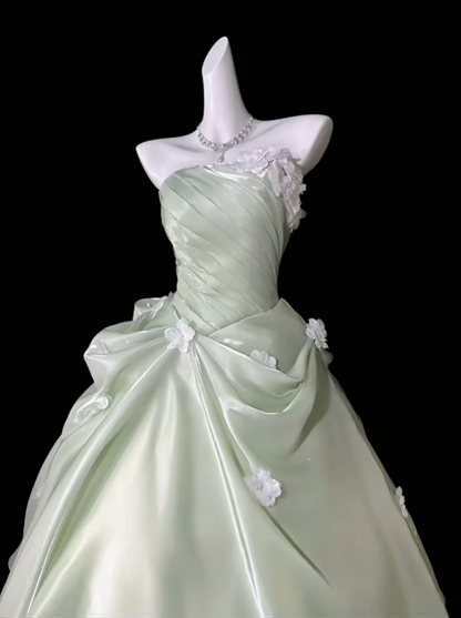 Glamorous Green Strapless Tulle Pleated Appliques Long Party Dress Birthday Prom Gown D4171