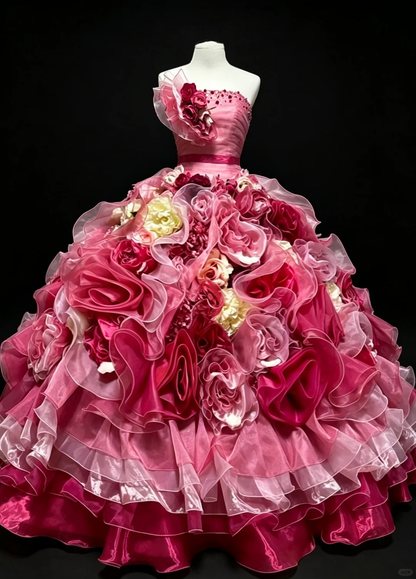 Charming Strapless Pink Satin Tulle Pleated Floral Quinceanera Dress Sweet 15 16 Dress D5275
