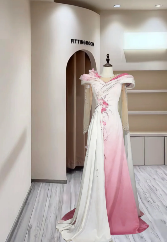 Elegant Satin Pleated Beaded Ball Gown Ombre Pink Long Evening Dress D2386