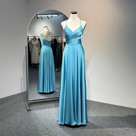 Pretty V Neck Blue A Line Long Wedding Guest Dress Bridesmaid Dress D2027