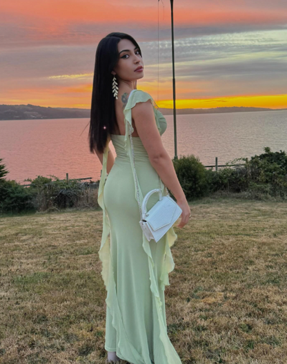 Cute Light Green Chiffon Ruffle Mermaid Wedding Guest Dress Formal Bridesmaid Dress D1092