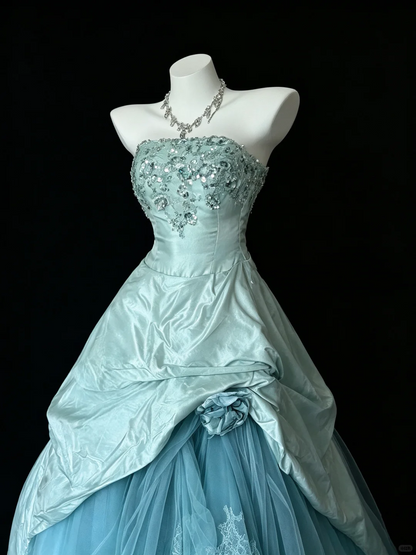 Charming Blue Tulle Satin Sequin A Line Long Evening Dress Strapless Party Gowns D5232