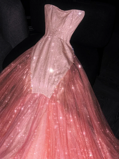 Pretty Strapless Satin Tulle Sequin Beaded Long Party Dress Pink Mermaid Long Evening Dress D4561
