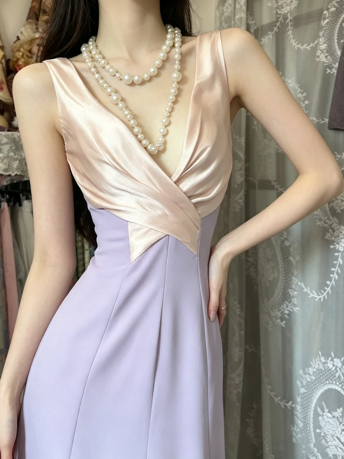 Retro V Neck Lilac Satin Mermaid Long Party Dress Prom Gown D1210
