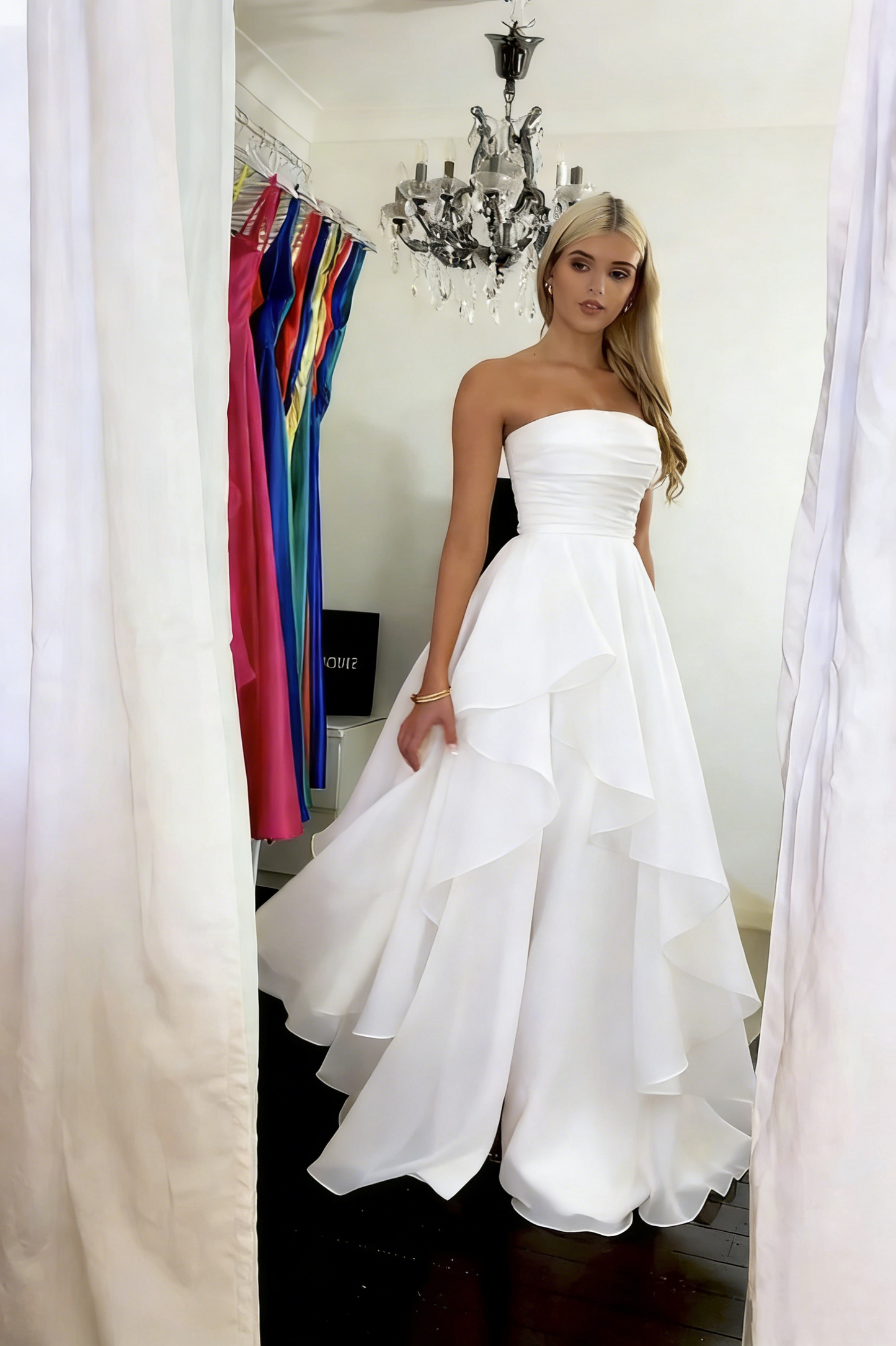 Classy Strapless Yellow Tulle Slit Long Prom Dress Formal Birthday Party Dress D1141