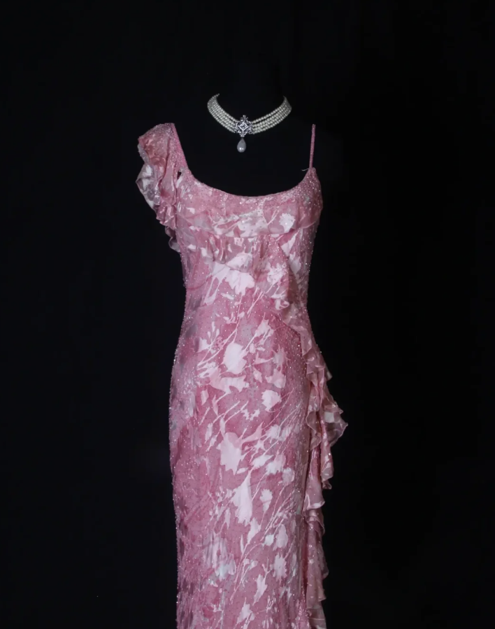 Charming Pink Beaded Chiffon Floral Ruffles Mermaid Long Evening Dress Formal Birthday Dress D2264