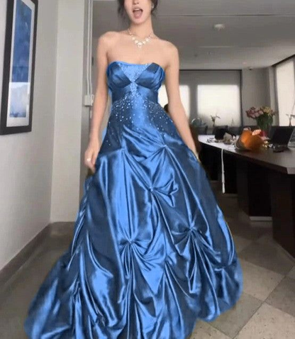 Retro Ball Gown Strapless Green Ruffles Satin Long Party Dress Prom Dresses SD1388