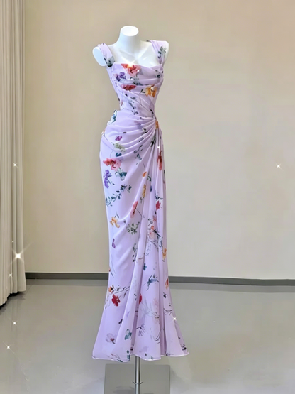 Sexy White Mermaid Straps Chiffon Floral Evening Gowns Long Prom Dresses SD1825