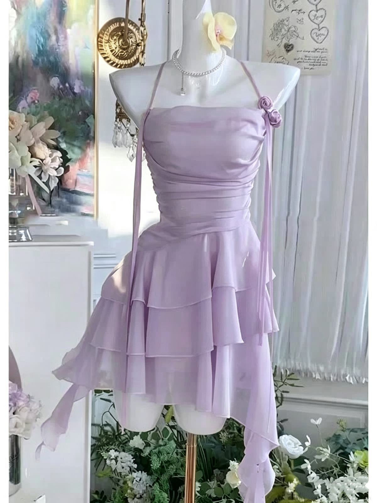 Halter Yellow Chiffon Layered Short Birthday Cute Vacation Dress D479