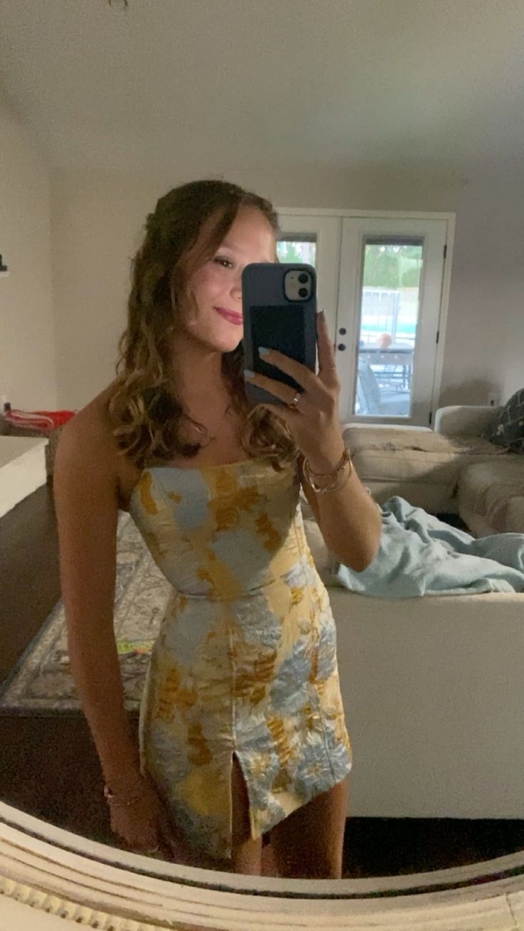 Vintage Yellow Satin Print Floral Slit Short Graduation Homecoming Dress,Strapless Mini Birthday Dress D4088