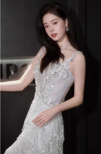 Glitter Spaghetti Straps Silver Satin Beaded Layered Tassel Long Party Dress Evening Gown D2218