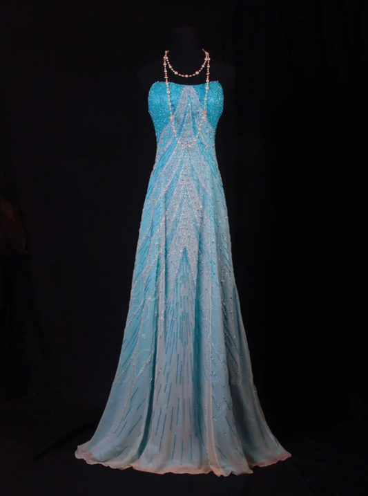 Dreamy Blue Strapless Chiffon Beaded Mermaid Long Birthday Party Dress Formal Prom Dresses D2238