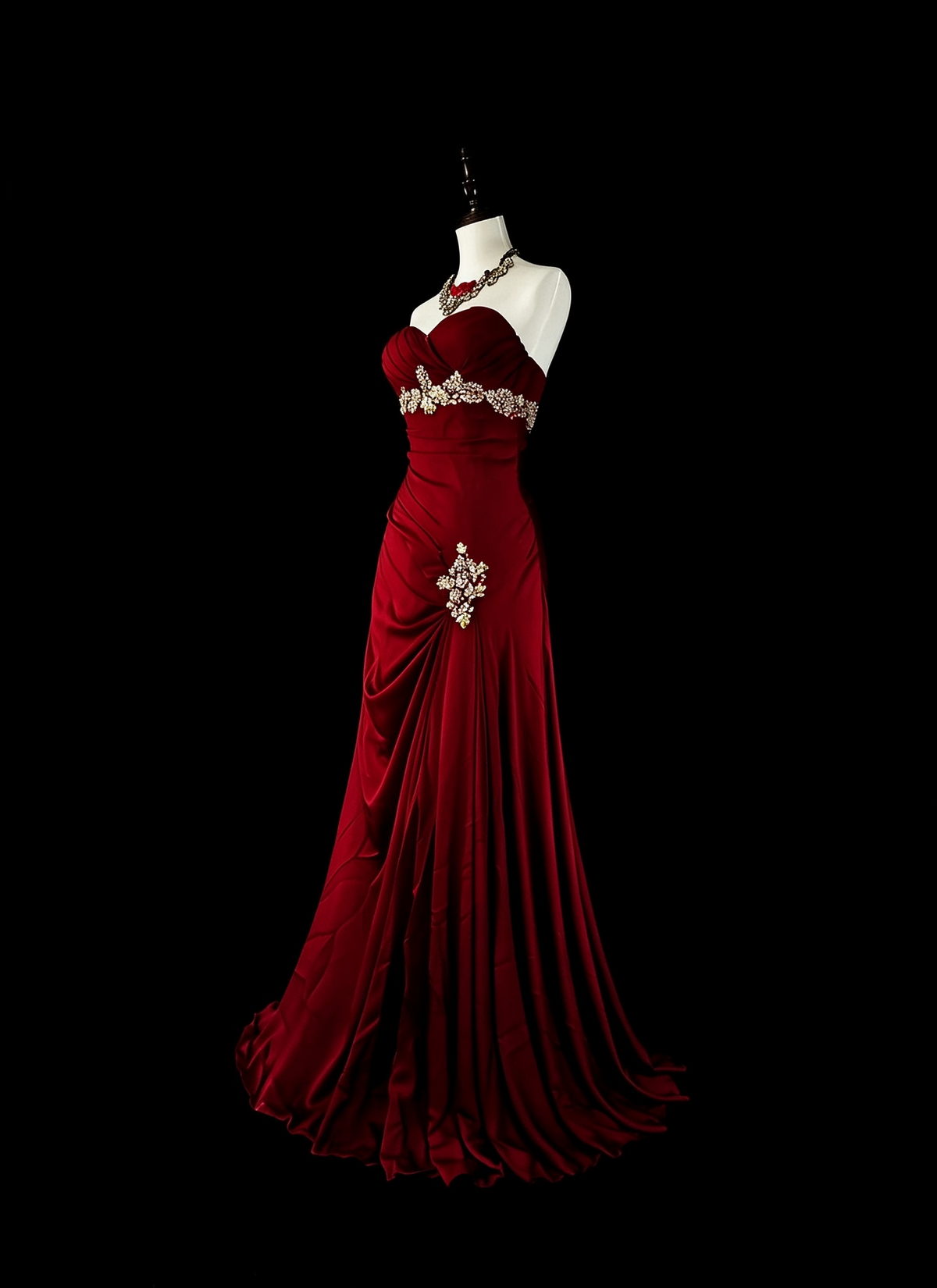 Vintage Sweetheart Neck Satin Pleated Beaded Evening Dress Burgundy Mermaid Long Party Dress D5378