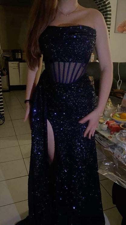 Sparkly Strapless Navy Blue Sequin Slit Mermaid Long Party Dress Birthday Prom Gowns D5150