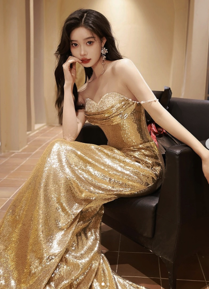 Beautiful Gold Sequin Beaded Evening Dress Long Mermaid Prom Dress S208