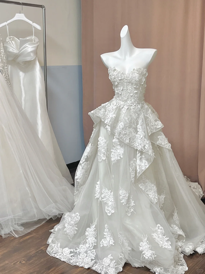 Elegant Strapless Tulle Lace Appliques Long Wedding Dress White Bridal Gowns D3072
