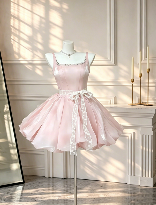 Sweet Pink Spaghetti Straps Satin A Line Short 8th Grade Homecoming Dress Birthday Dress D2633