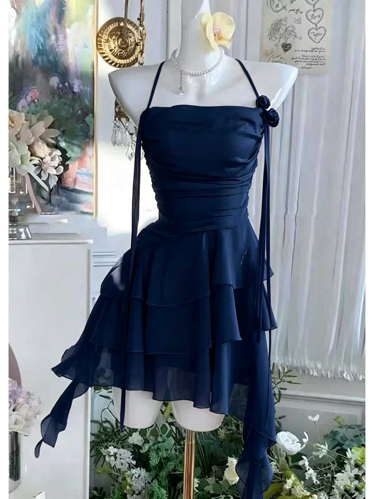 Halter Yellow Chiffon Layered Short Birthday Cute Vacation Dress D479