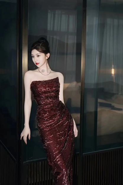 Sparkly Strapless Sheath Sequin Slit Long Wedding Guest Dress Burgundy Long Party Dress Evening Gown D4898