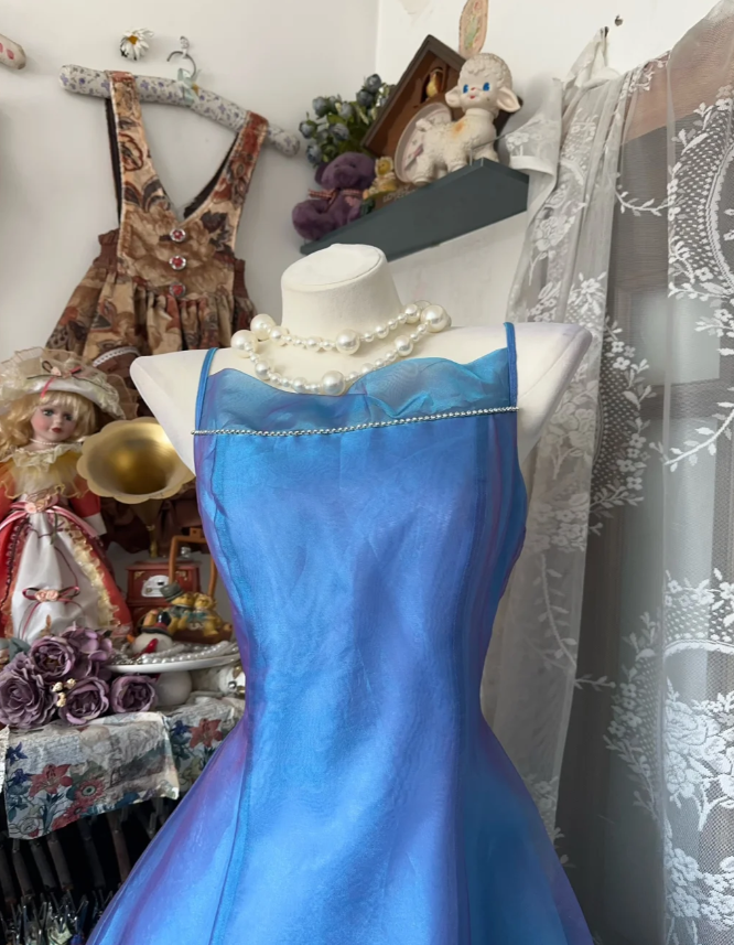 Retro Blue Spaghetti Straps A Line Long Party Dress Prom Gown D1243