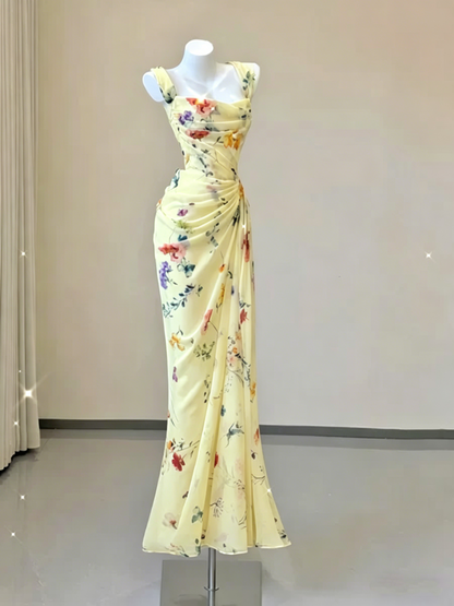 Sexy White Mermaid Straps Chiffon Floral Evening Gowns Long Prom Dresses SD1825
