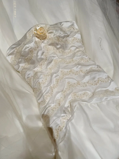 Classy Strapless White Satin Beaded Tulle Mermaid Long Evening Dress Formal Birthday Party Gowns D2047