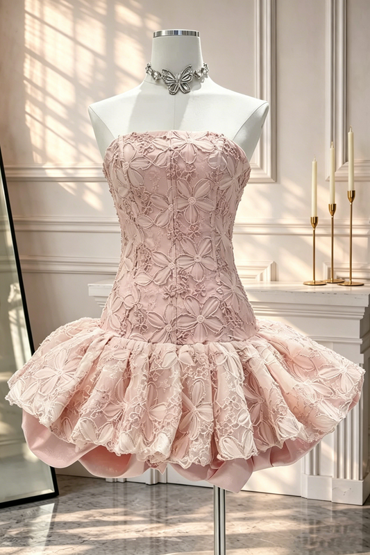 Pretty Strapless Lace Floral Short 15th Birthday Outfits Pink A Line Short Homecoming Dress D2634