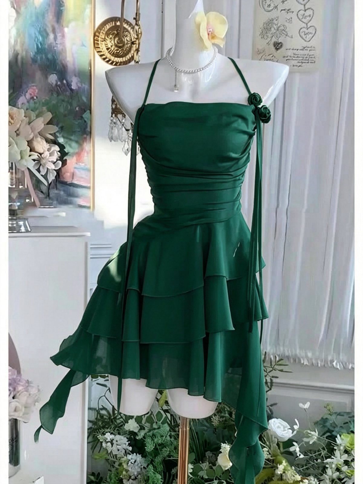 Halter Yellow Chiffon Layered Short Birthday Cute Vacation Dress D479