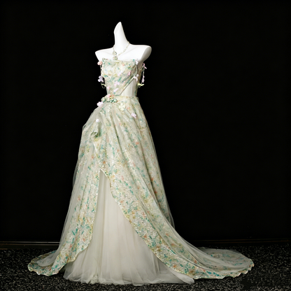 Elegant Green Print Tulle Strapless Flower Prom Dress Long Evening Gown D2969