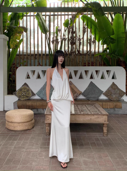 Sexy Halter V Neck White A Line Long Party Dress Formal Backless Evening Gown D2123