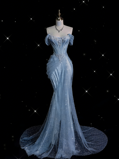 Unique Mermaid Off The Shoulder Sequin Short Sleeves White Wedding Dresses Brides Dress SD1930