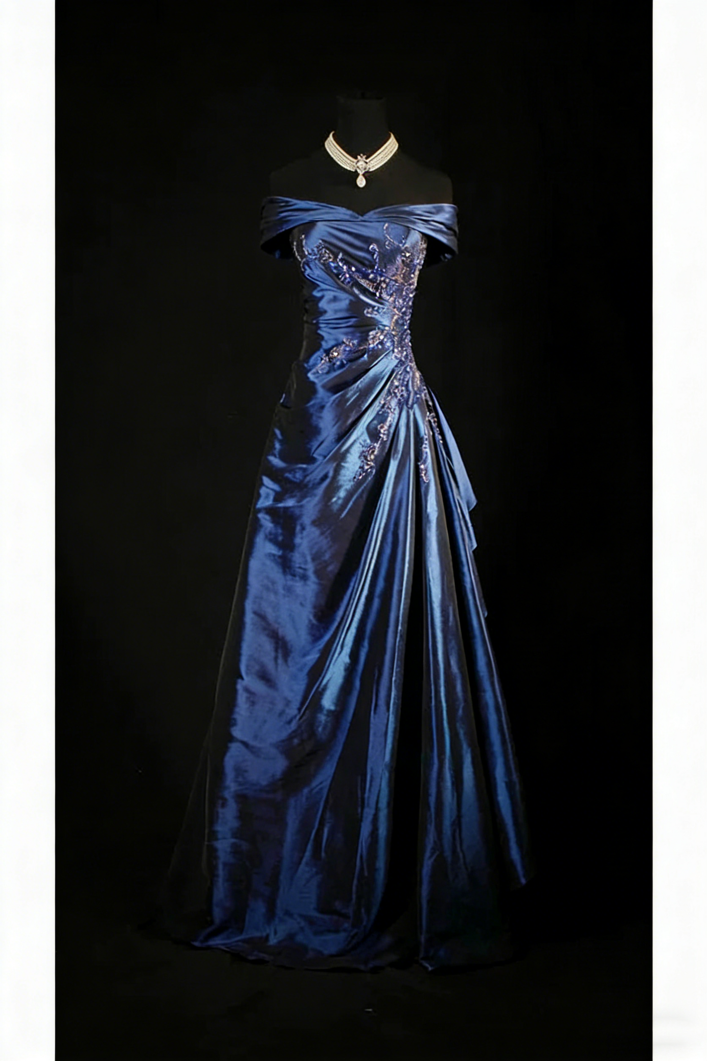 Vintage Off The Shoulder Ball Gown Navy Blue Satin Beaded Long Prom Dresses Party Dress D2461