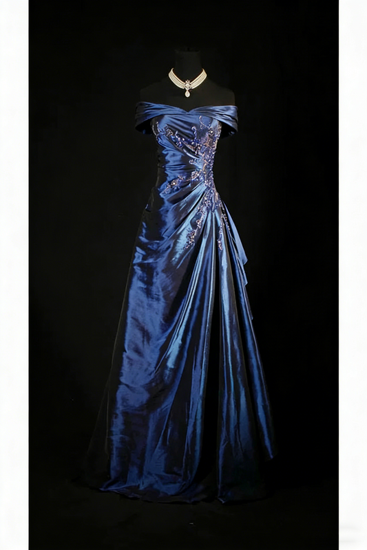 Vintage Off The Shoulder Ball Gown Navy Blue Satin Beaded Long Prom Dresses Party Dress D2461