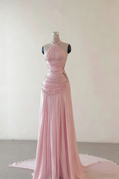 Pretty Pink Halter Chiffon Beaded Evening Gown Backless Long Prom Dresses D2463