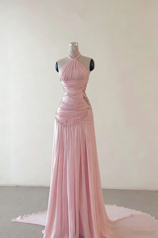 Pretty Pink Halter Chiffon Beaded Evening Gown Backless Long Prom Dresses D2463