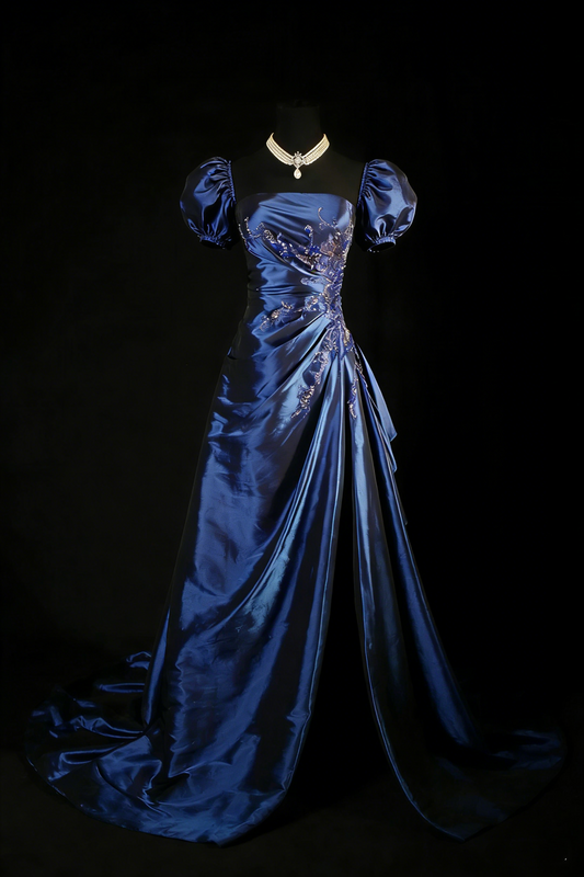 Elegant Navy Blue Satin Beaded Slit Long Prom Dresses Birthday Party Dress D2462