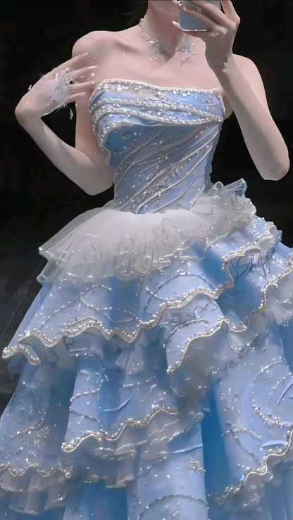 Charming Strapless Blue Tulle Beaded Layered Ball Gown Formal Birthday Party Dress D1573