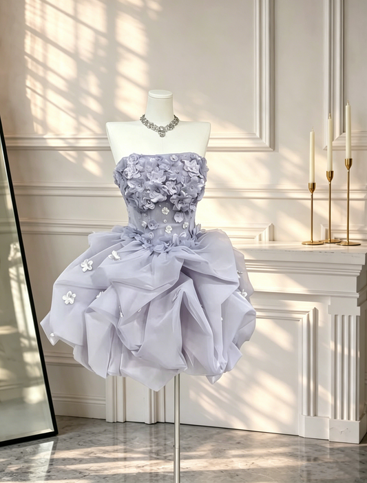 Pretty Strapless Purple Tulle Appliques A Line Short Graduation Homecoming Dress Birthday Outfits D2635