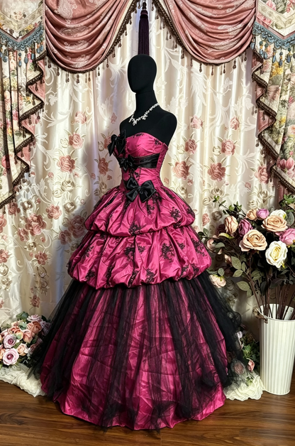 Vintage Strapless Pink Lace Satin Layered Ball Gown Long Party Dress With Bow  D1409