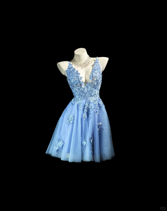 Elegant Spaghetti Straps Tulle Applique A Line Mini Birthday Dress,Blue Short 8th Grade Homecoming Dress D3242